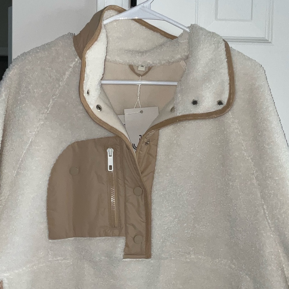 Cream Teddy Pullover Jacket with Tan Trim - Women's Cozy Outerwear - Picture 2 of 8